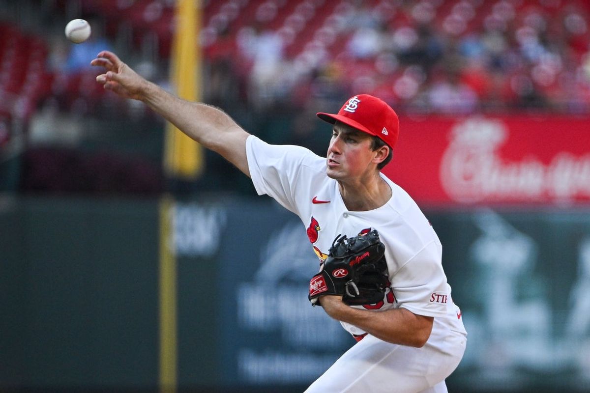 Jul 8, 2026; St. Louis, Missouri, USA; St. Louis Cardinals starting pitcher Michael McGreevy (36) throws against the Milwaukee Brewers during the second inning at Busch Stadium. Mandatory Credit: Jeff Curry-Imagn Images