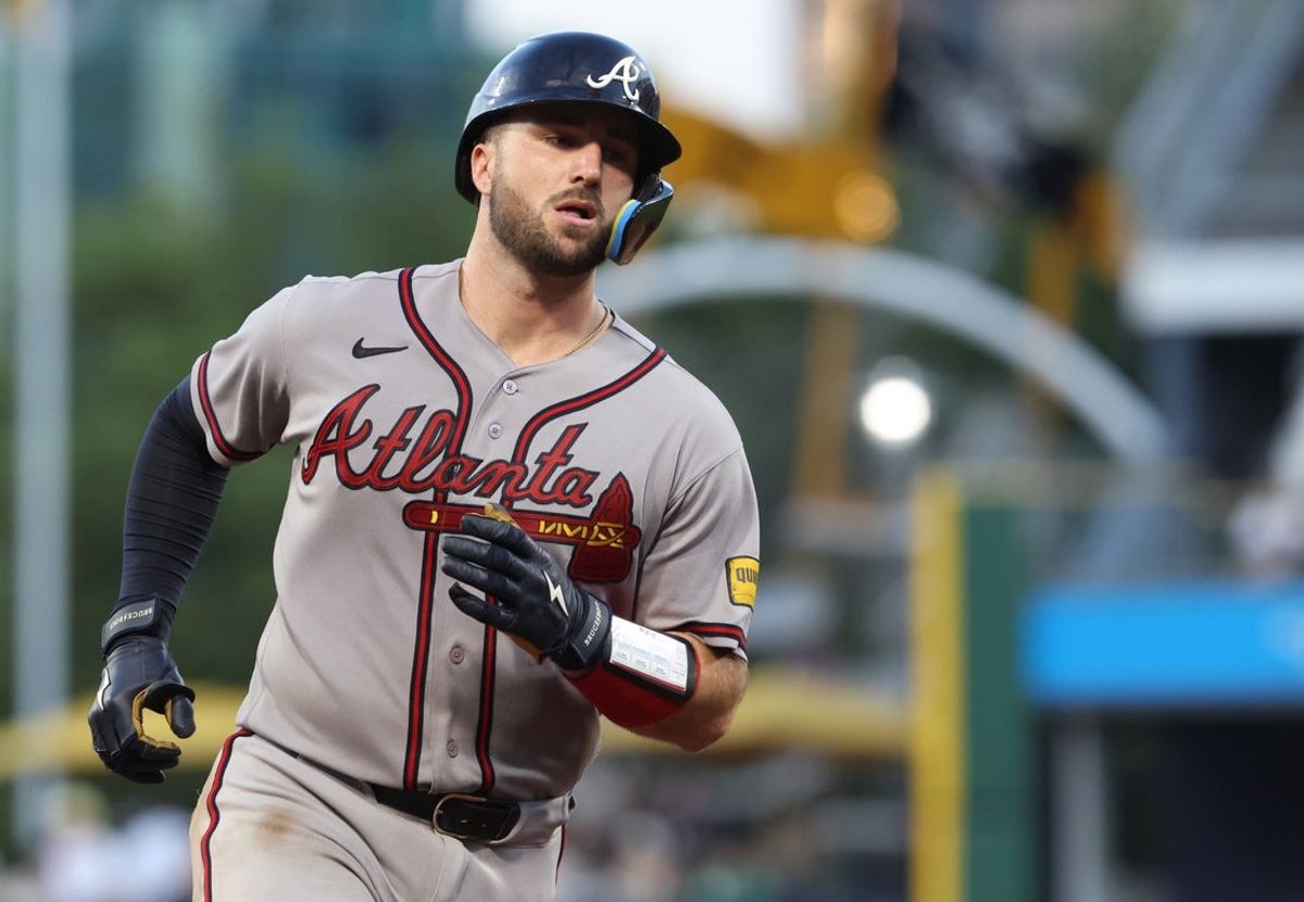 Jul 8, 2026; Pittsburgh, Pennsylvania, USA;  Atlanta Braves catcher Joey Bart (16) circles the bases on a two run home run against the Pittsburgh Pirates during the eighth inning at PNC Park. Mandatory Credit: Charles LeClaire-Imagn Images