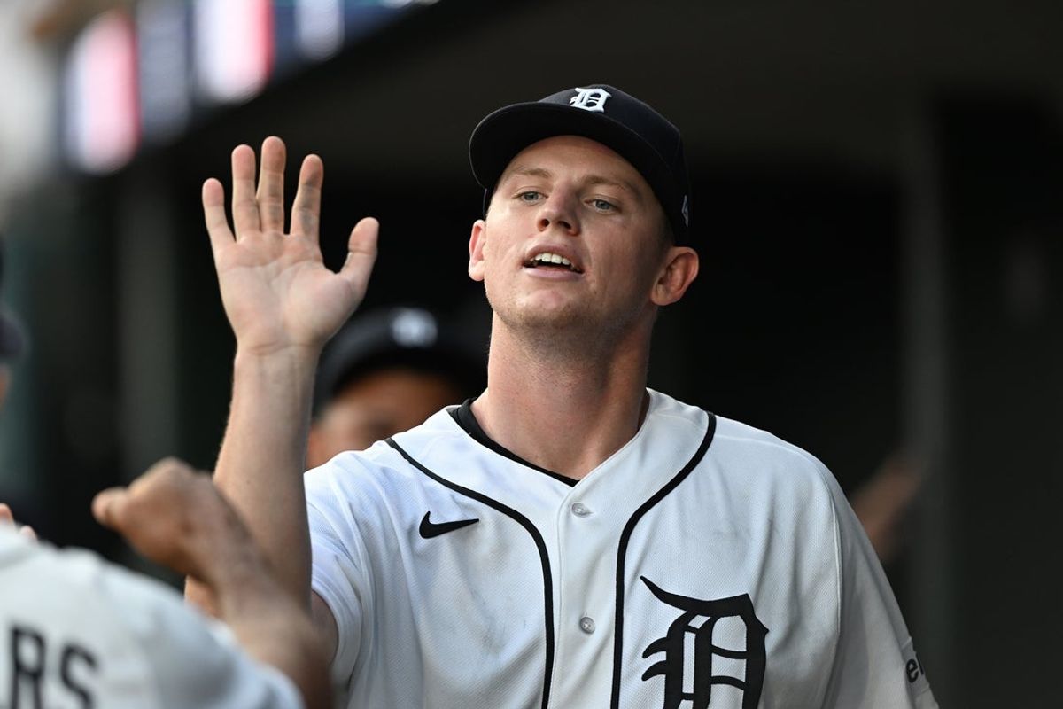 Jul 8, 2026; Detroit, Michigan, USA;  Detroit Tigers starting pitcher Troy Melton (52) celebrates in the dugout after being pulled form the game against the the Athletics in the sixth inning at Comerica Park. Mandatory Credit: Lon Horwedel-Imagn Images
