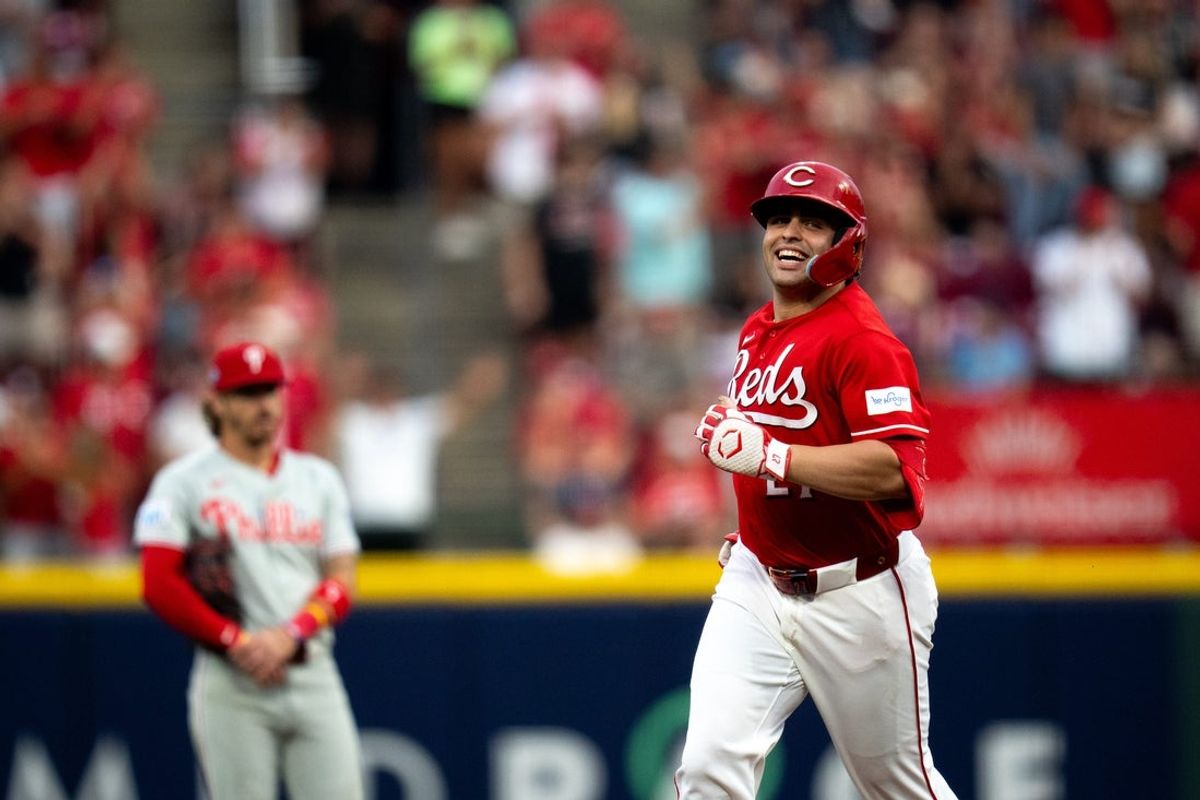 Cincinnati Reds third baseman Sal Stewart (27) gestures after hitting a solo home run in the fourth inning between the Philadelphia Phillies and Cincinnati Reds at Great American Ball Park in Cincinnati on Wednesday, July 8, 2026.