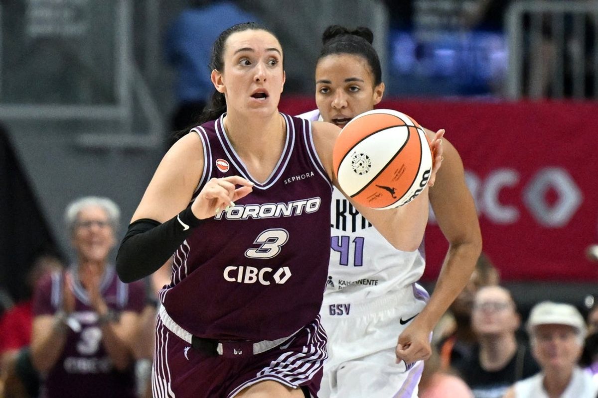Jul 8, 2026; Toronto, Ontario, CAN;  Toronto Tempo guard Marina Mabrey (3) dribbles the ball away from Golden State Valkyries center Kiah Stokes (41) in the second half at Coca-Cola Coliseum. Mandatory Credit: Dan Hamilton-Imagn Images