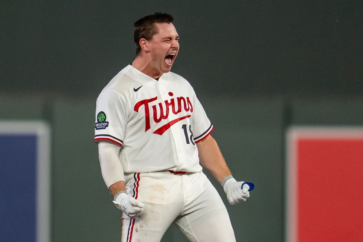 Jul 8, 2026; Minneapolis, Minnesota, USA; Minnesota Twins right fielder Alan Roden (18) celebrates hitting a walk off single against the Cleveland Guardians at Target Field. Mandatory Credit: Jesse Johnson-Imagn Images