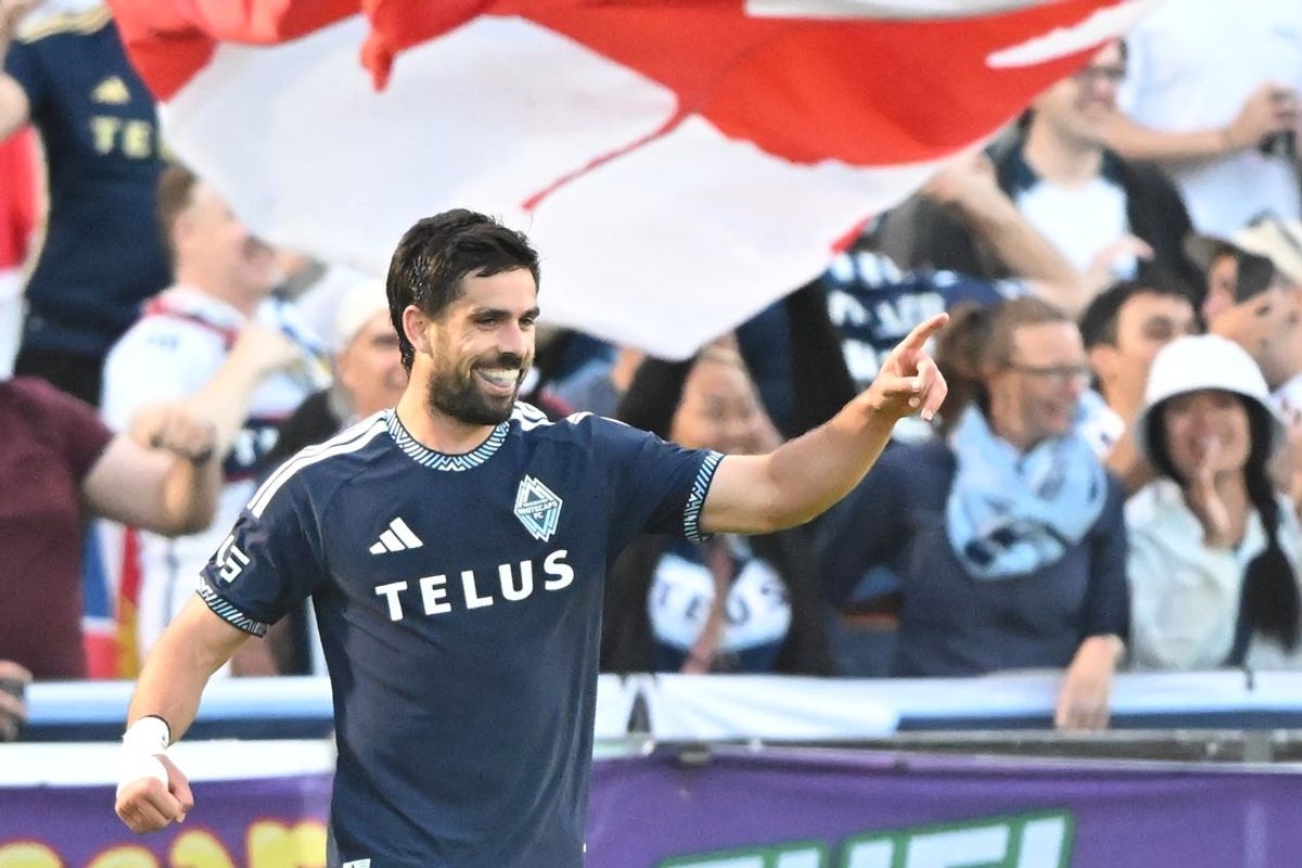 Jul 8, 2026; Burnaby, BC, CAN; Vancouver Whitecaps FC offense Brian White (24) celebrates scoring during the second half against Calvary FC during the Canadian Championship Quarterfinals at Swangard Stadium. Mandatory Credit: Anne-Marie Sorvin-Imagn Images