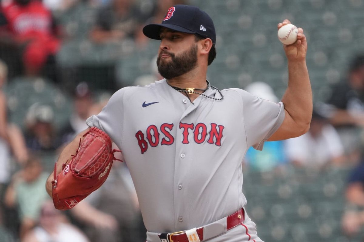Jul 9, 2026; Chicago, Illinois, USA;  Boston Red Sox pitcher Patrick Sandoval (43) throws the ball Chicago White Sox during the first inning at Rate Field. Mandatory Credit: David Banks-Imagn Images