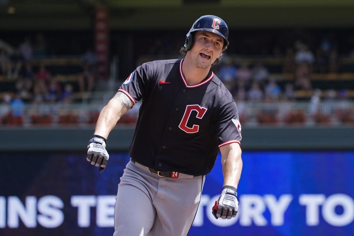 Jul 9, 2026; Minneapolis, Minnesota, USA; Cleveland Guardians designated hitter Chase DeLauter (24) runs the bases on his solo home run against the Minnesota Twins in the sixth inning at Target Field. Mandatory Credit: Bruce Kluckhohn-Imagn Images