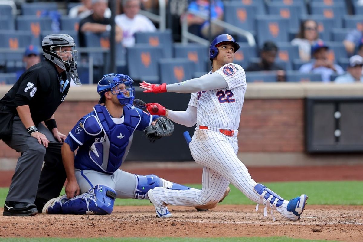 Jul 9, 2026; New York City, New York, USA; New York Mets left fielder Juan Soto (22) follows through on a solo home run against the Kansas City Royals during the seventh inning at Citi Field. Mandatory Credit: Brad Penner-Imagn Images