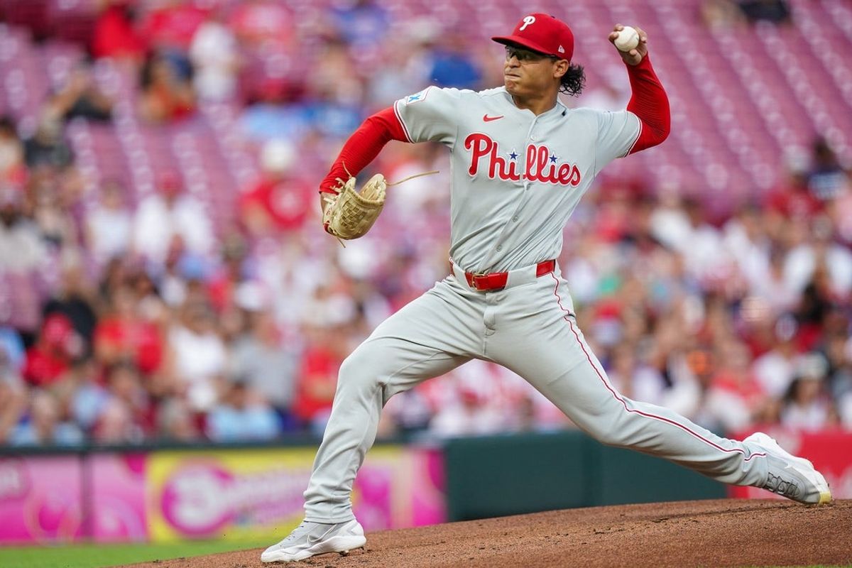 Philadelphia Phillies pitcher Jesús Luzardo (44) throws a pitch in the first inning of a MLB game between the Cincinnati Reds and Philadelphia Phillies, Thursday, July 9, 2026, at Great American Ball Park in downtown Cincinnati.