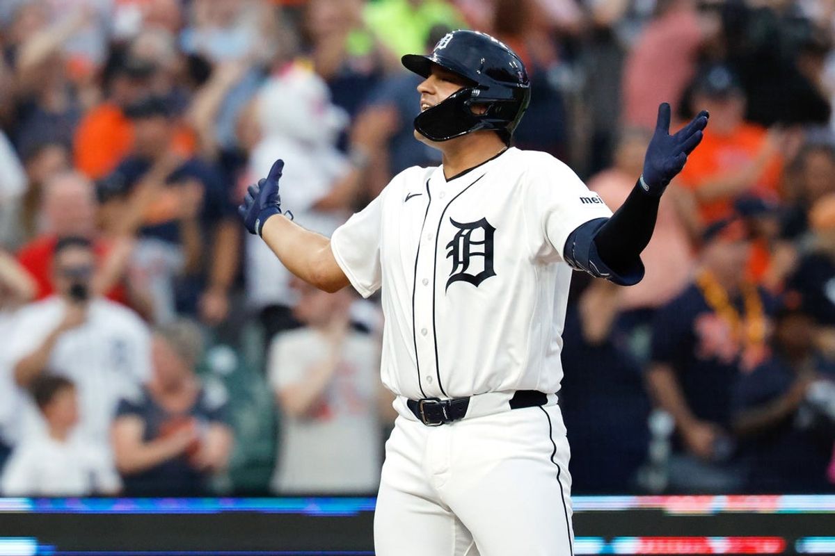 Jul 9, 2026; Detroit, Michigan, USA;  Detroit Tigers catcher Jacob Lopez (32) celebrates after he hits a home run in the seventh inning against the Athletics at Comerica Park. Mandatory Credit: Rick Osentoski-Imagn Images