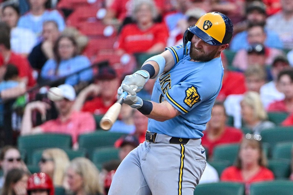 Jul 9, 2026; St. Louis, Missouri, USA; Milwaukee Brewers designated hitter Jake Bauers (9) hits a three run home run against the St. Louis Cardinals during the third inning at Busch Stadium. Mandatory Credit: Jeff Curry-Imagn Images