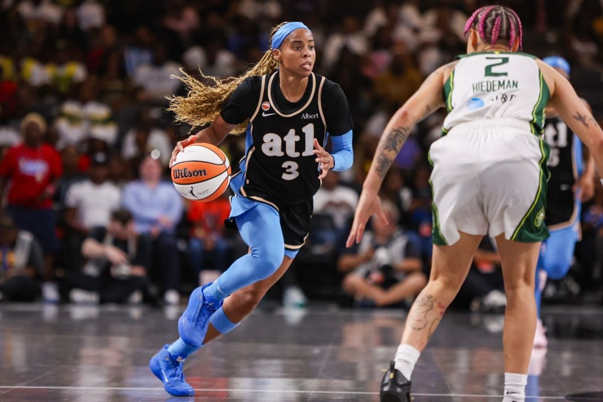 Jul 9, 2026; College Park, Georgia, USA; Atlanta Dream guard Jordin Canada (3) dribbles against the Seattle Storm in the second quarter at Gateway Center Arena at College Park. Mandatory Credit: Brett Davis-Imagn Images