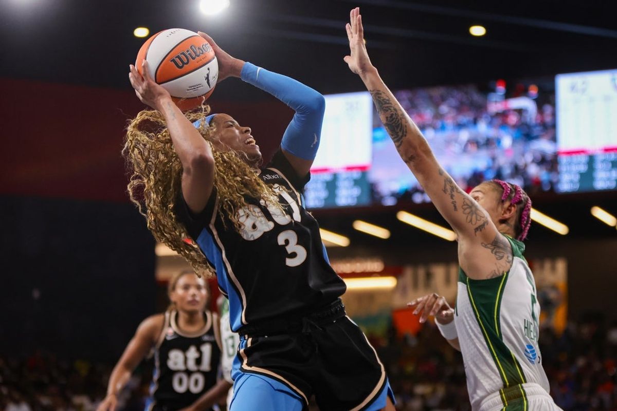 Jul 9, 2026; College Park, Georgia, USA; Atlanta Dream guard Jordin Canada (3) shoots against the Seattle Storm in the second quarter at Gateway Center Arena at College Park. Mandatory Credit: Brett Davis-Imagn Images