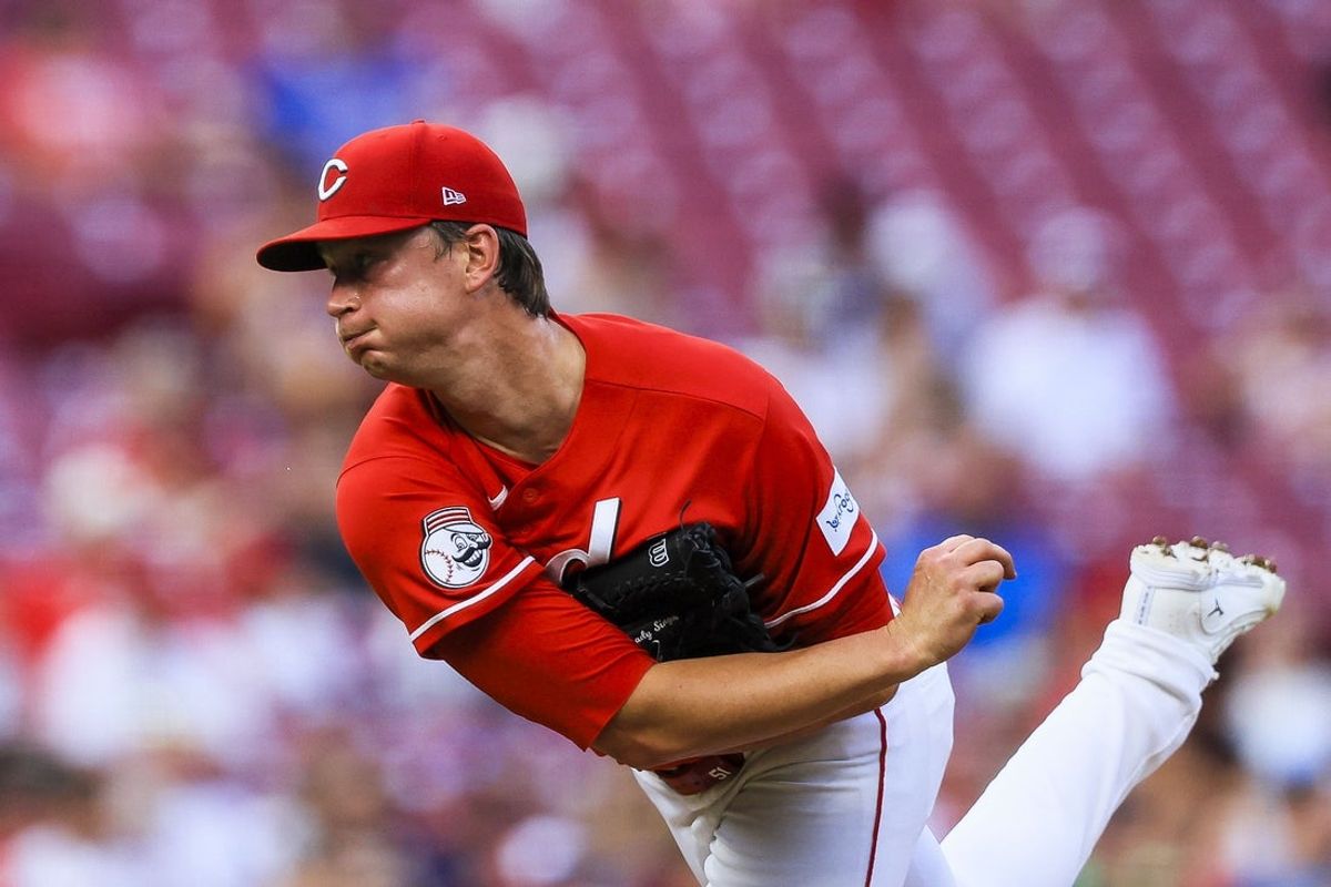 Jul 9, 2026; Cincinnati, Ohio, USA; Cincinnati Reds starting pitcher Brady Singer (51) pitches against the Philadelphia Phillies in the third inning at Great American Ball Park. Mandatory Credit: Katie Stratman-Imagn Images