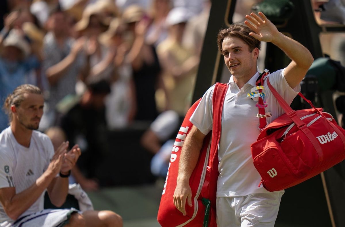 Jul 10, 2026; London, United Kingdom; Arthur Fery of Great Britain leaves the court after losing his semifinal match against Alexander Zverev of Germany on day 12 at All England Lawn Tennis and Croquet Club.  Mandatory Credit: Susan Mullane-Imagn Images