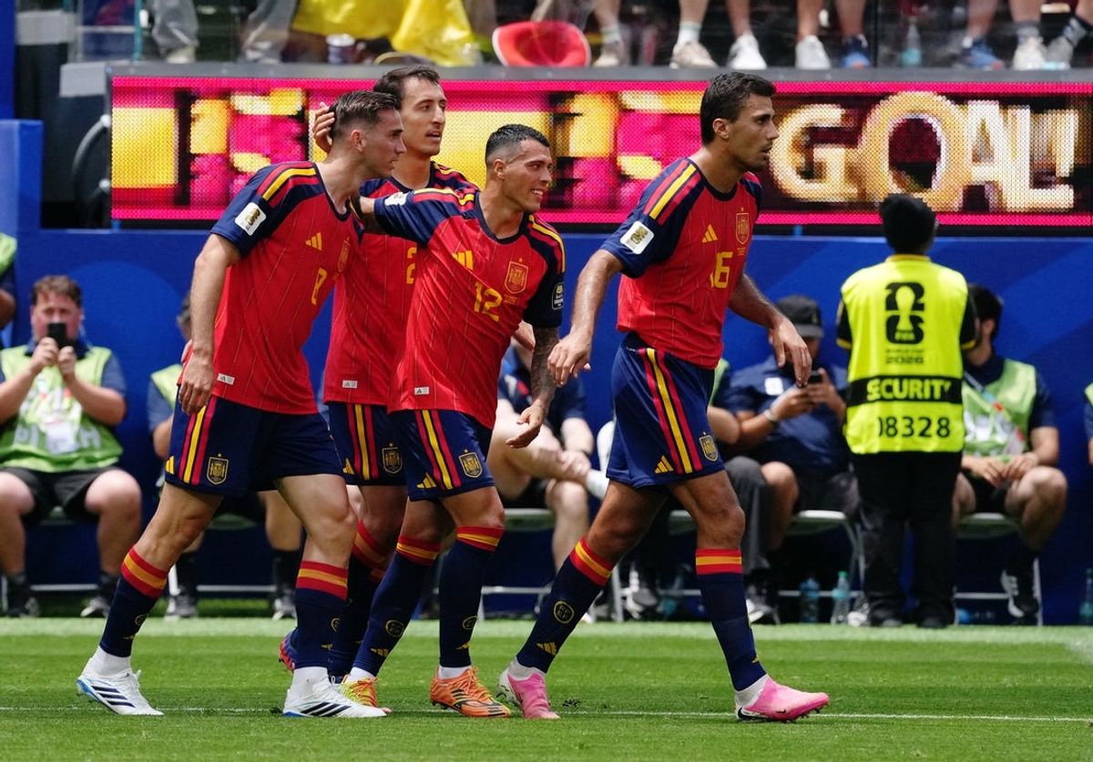 July 10, 2026; Inglewood, California, U.S.; Spain's Fabian Ruiz celebrates scoring their first goal with Pedro Porro, Mikel Oyarzabal and Rodri.  Mandatory Credit: Kirby Lee-Imagn Images