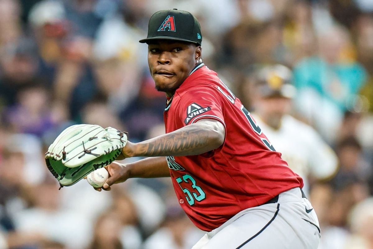 Jul 8, 2026; San Diego, California, USA; Arizona Diamondbacks starting pitcher Jose Cabrera (53) throws to first base during the third inning against the San Diego Padres at Petco Park. Mandatory Credit: David Frerker-Imagn Images