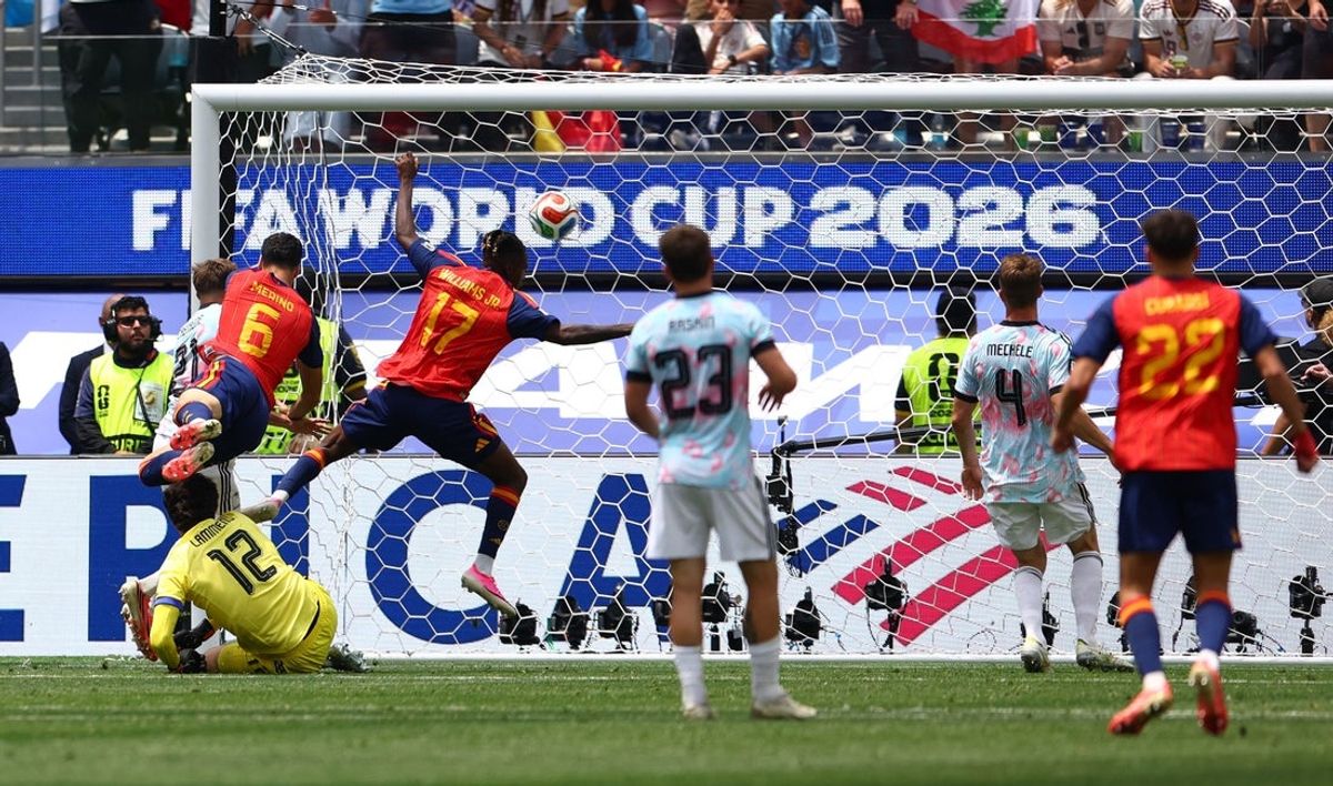 July 10, 2026; Inglewood, California, U.S.; Spain's Mikel Merino scores their second goal.  Mandatory Credit: Jessie Alcheh-Imagn Images