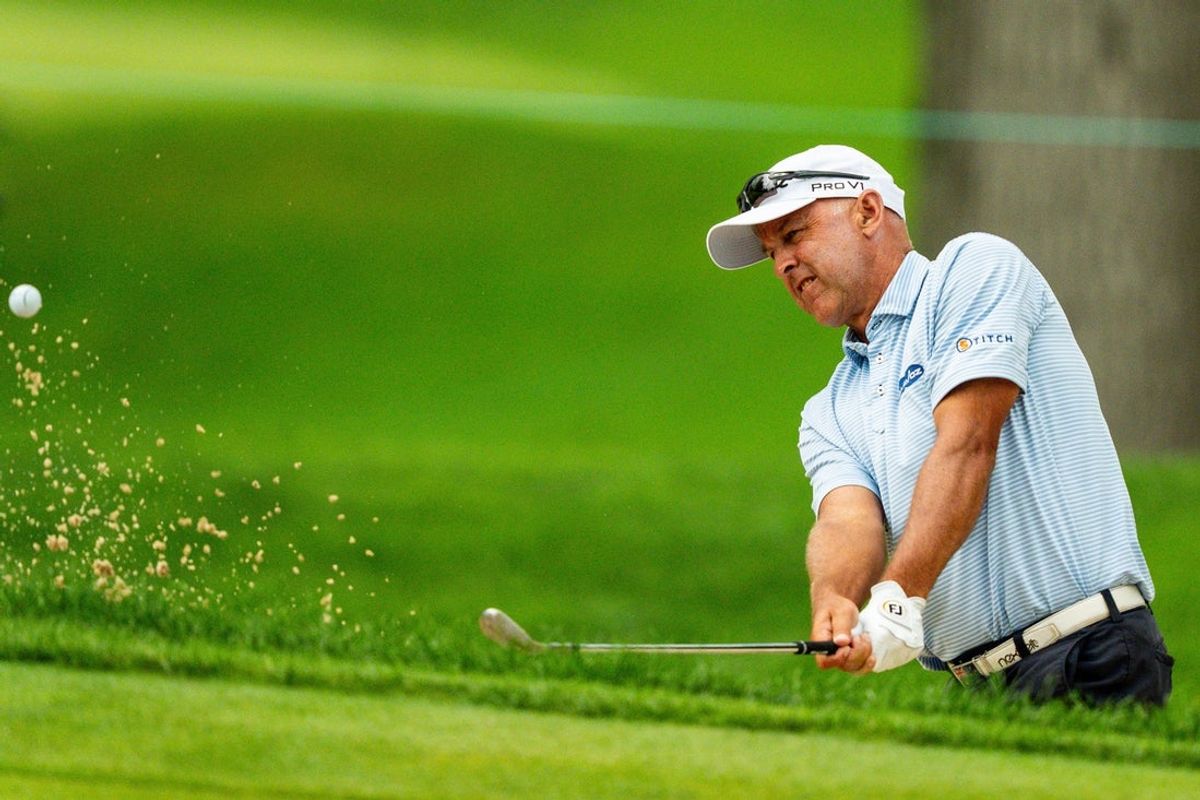Cameron Percy hits out of a sand trap during round 2 of the Kaulig Companies PGA Championship, July 10, 2026, at Firestone Country Club in Akron, Ohio.