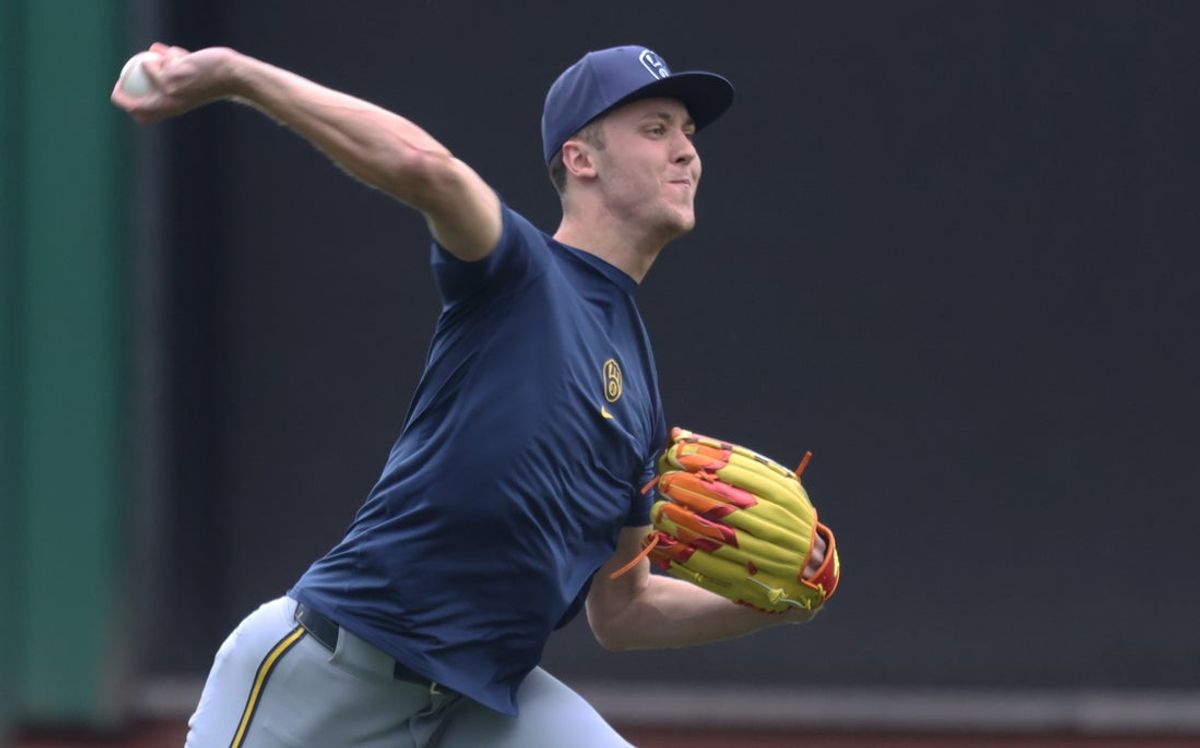 Jul 10, 2026; Pittsburgh, Pennsylvania, USA;  Milwaukee Brewers pitcher Jacob Misiorowski (32) throws in the outfield before the game against the Pittsburgh Pirates at PNC Park. Mandatory Credit: Charles LeClaire-Imagn Images