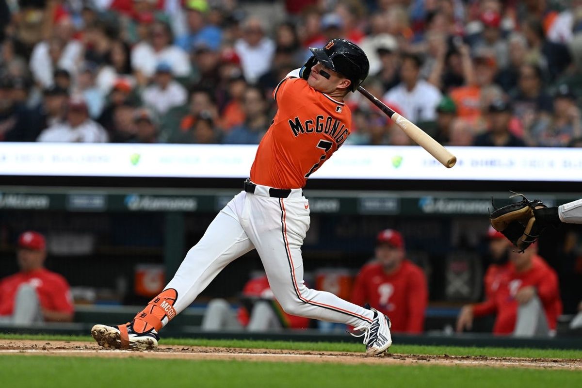 Jul 10, 2026; Detroit, Michigan, USA;  Detroit Tigers shortstop Kevin McGonigle (7) hits a two-run home run against the Philadelphia Phillies  in the third inning at Comerica Park. Mandatory Credit: Lon Horwedel-Imagn Images