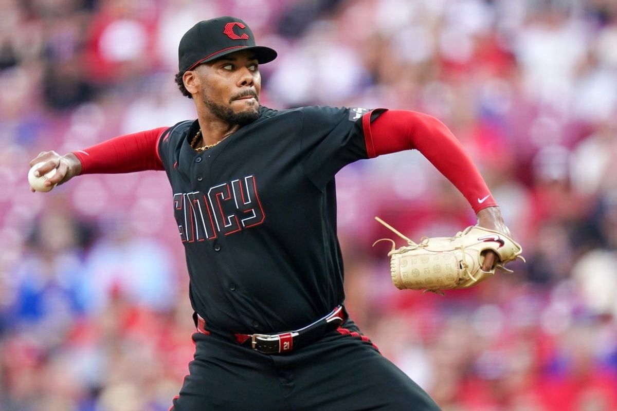 Cincinnati Reds pitcher Hunter Greene (21) throws a pitch in the first inning of a MLB game between the Cincinnati Reds and Chicago Cubs, Friday, July 10, 2026, at Great American Ball Park in downtown Cincinnati.