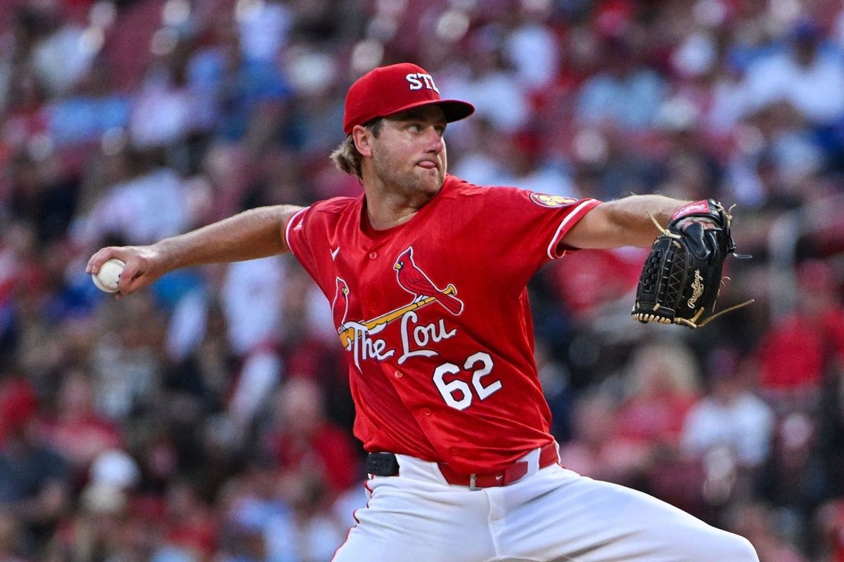 Jul 10, 2026; St. Louis, Missouri, USA; St. Louis Cardinals starting pitcher Kyle Leahy (62) throws against the Atlanta Braves during the first inning at Busch Stadium. Mandatory Credit: Jeff Curry-Imagn Images