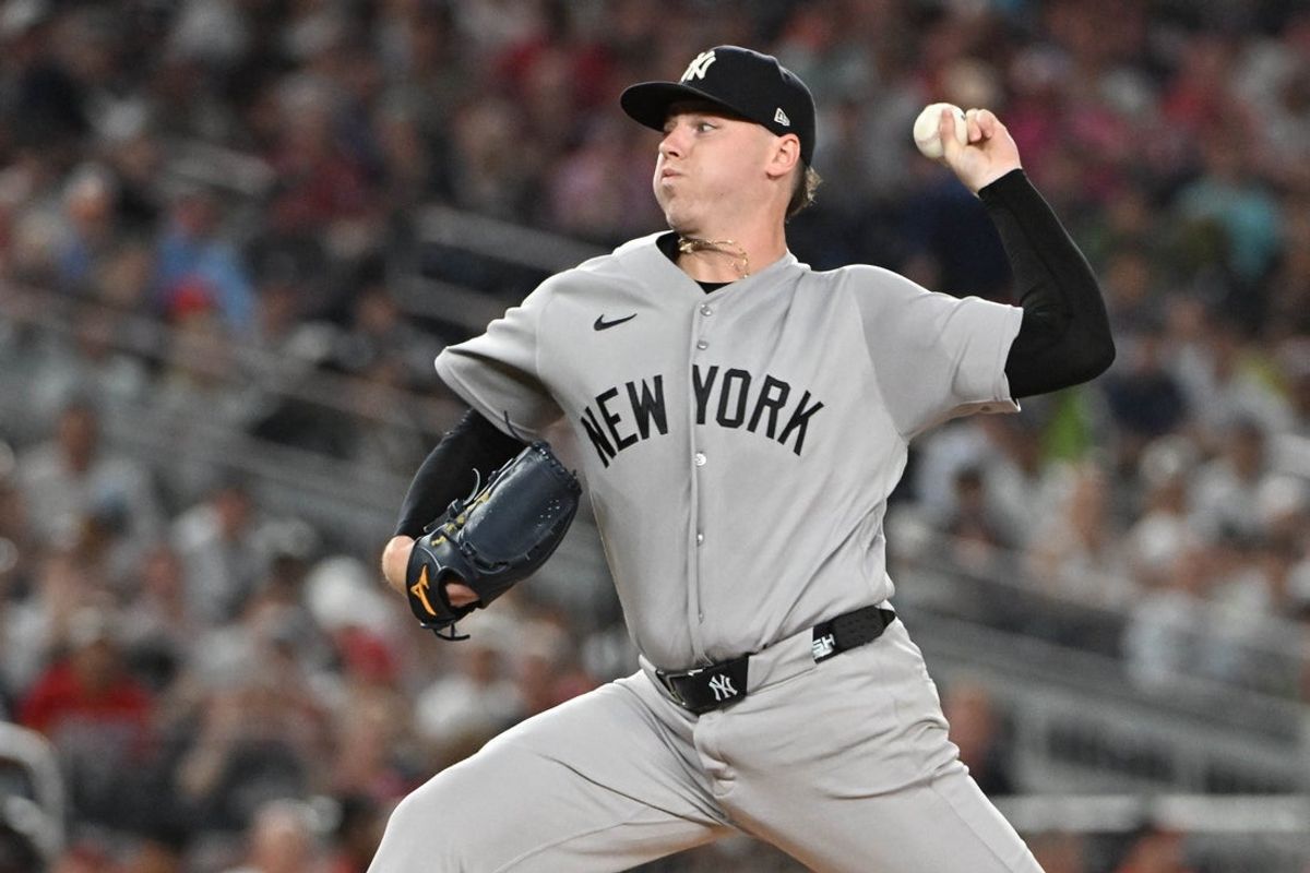Jul 10, 2026; Washington, District of Columbia, USA; New York Yankees pitcher Ryan Weathers (40) throws to the Washington Nationals during the first inning at Nationals Park. Mandatory Credit: Brad Mills-Imagn Images