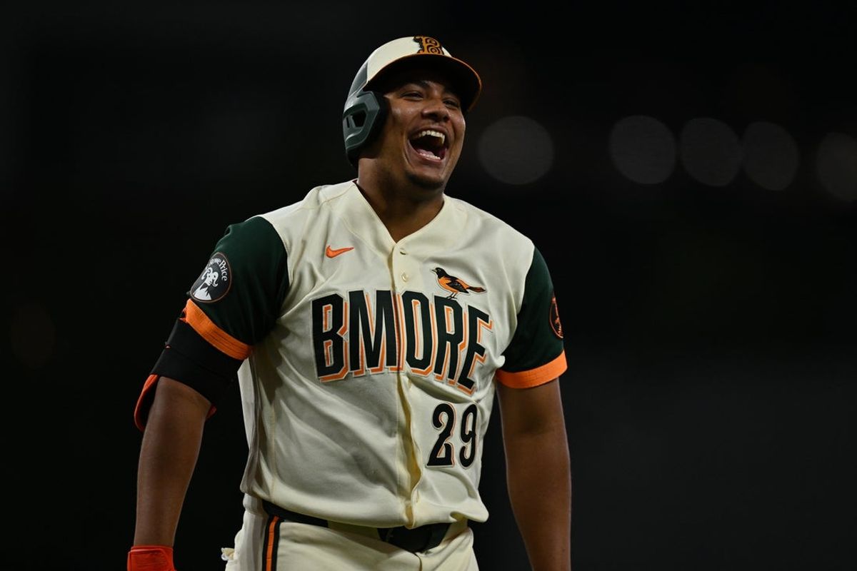 Jul 10, 2026; Baltimore, Maryland, USA;  Baltimore Orioles designated hitter Samuel Basallo (29) celebrates as he runs to first base after hitting a two-run home run in the eighth inning against the Kansas City Royals at Oriole Park at Camden Yards. Mandatory Credit: Jamie Sabau-Imagn Images