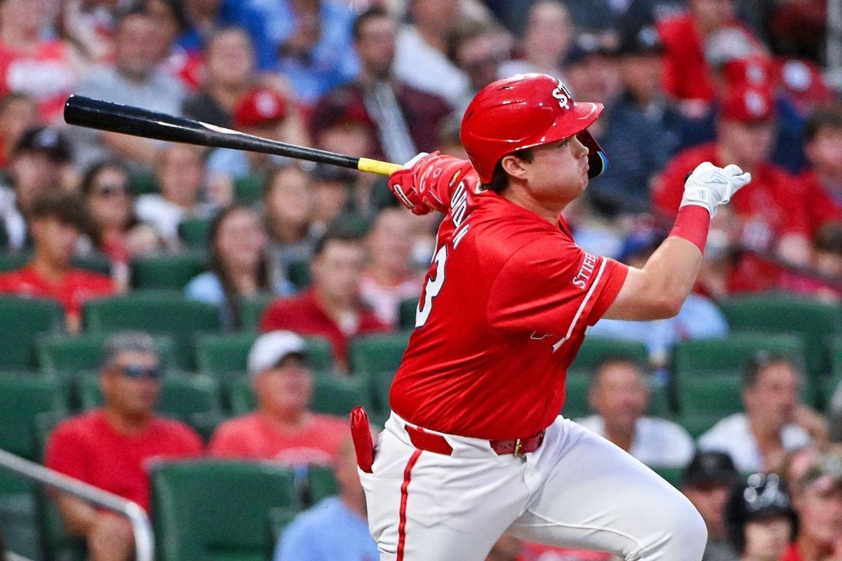 Jul 10, 2026; St. Louis, Missouri, USA; St. Louis Cardinals third baseman Blaze Jordan (33) hits a double against the Atlanta Braves during the third inning at Busch Stadium. Mandatory Credit: Jeff Curry-Imagn Images