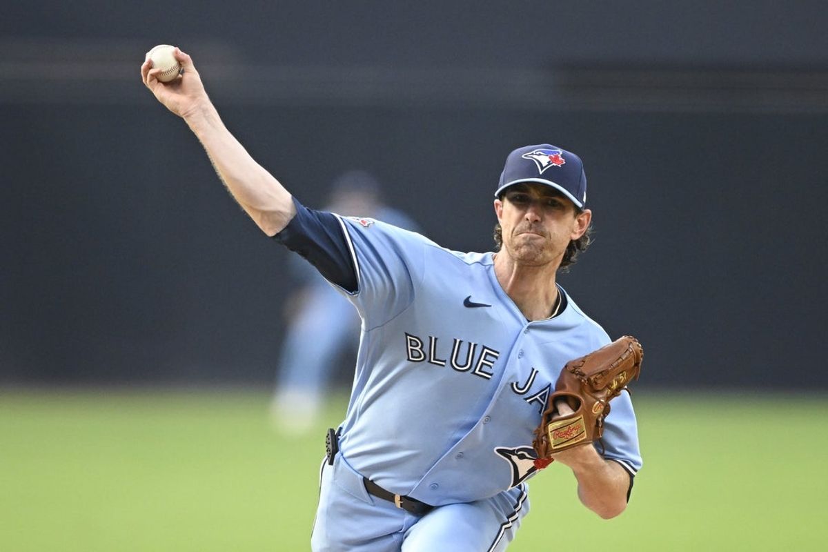 Jul 10, 2026; San Diego, California, USA; Toronto Blue Jays pitcher Shane Bieber (57) delivers during the first inning against the San Diego Padres at Petco Park. Mandatory Credit: Denis Poroy-Imagn Images