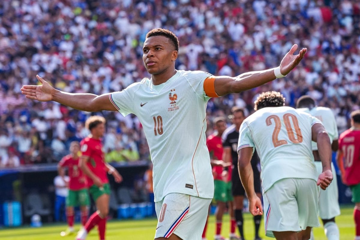 July 9, 2026; Foxborough, Massachusetts, U.S.; France's Kylian Mbappe celebrates scoring their first goal. Mandatory Credit: David Butler Ii-Imagn Images