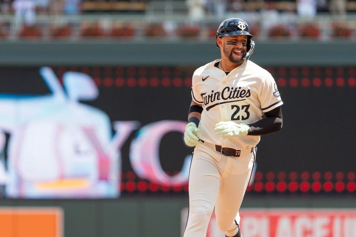 Jul 11, 2026; Minneapolis, Minnesota, USA; Minnesota Twins first baseman Royce Lewis (23) heads to third base after hitting a home run against Los Angeles Angels starting pitcher Ryan Johnson (32) in the second inning at Target Field. Mandatory Credit: Matt Blewett-Imagn Images