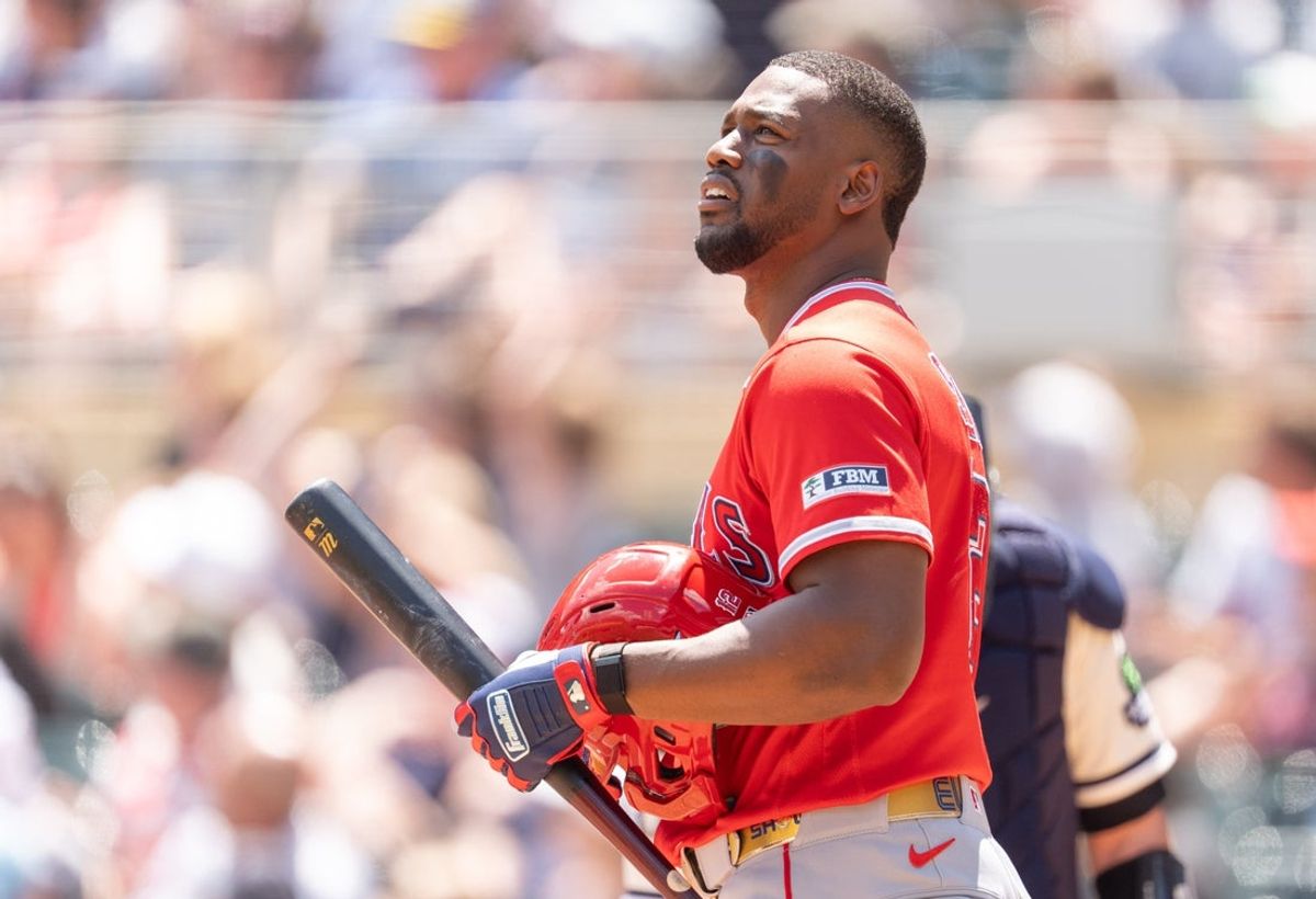 Jul 11, 2026; Minneapolis, Minnesota, USA; Los Angeles Angels designated hitter Jorge Soler (12) reacts to a foul ball in the first inning against the Minnesota Twins at Target Field. Mandatory Credit: Matt Blewett-Imagn Images