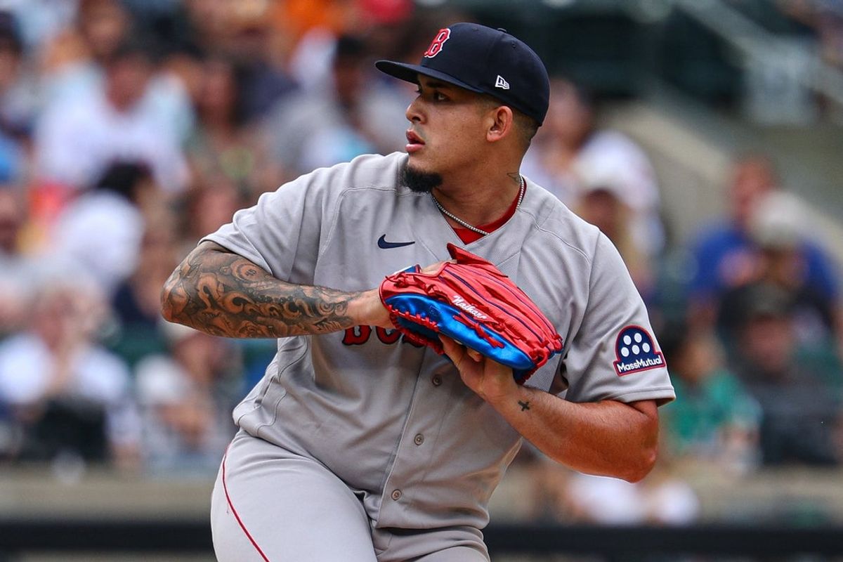Jul 11, 2026; New York City, New York, USA;  Boston Red Sox pitcher Eduardo Rivera delivers a pitch during the first inning against the New York Mets at Citi Field. Mandatory Credit: Vincent Carchietta-Imagn Images