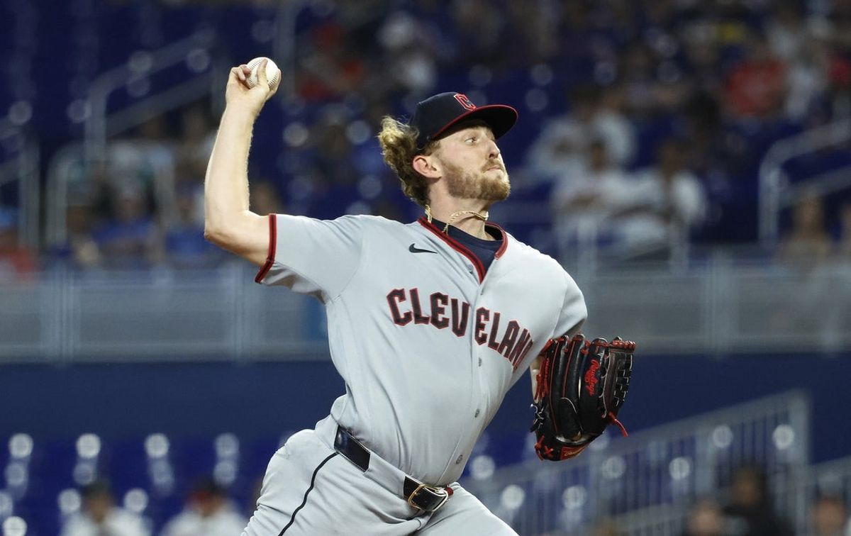 Jul 11, 2026; Miami, Florida, USA;  Cleveland Guardians starting pitcher Tanner Bibee (28) throws against the Miami Marlins during the first inning at loanDepot Park. Mandatory Credit: Rhona Wise-Imagn Images