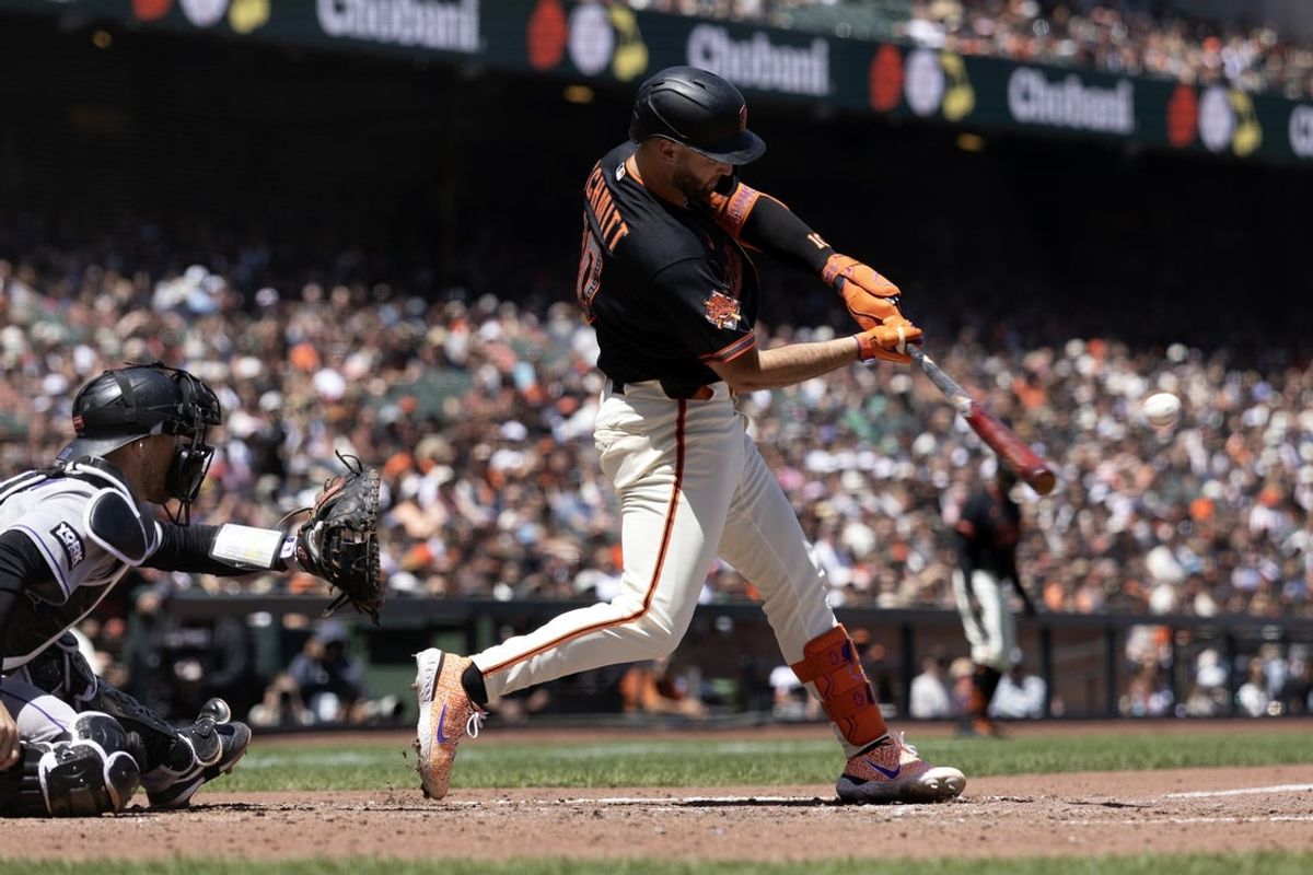 Jul 11, 2026; San Francisco, California, USA; San Francisco Giants third baseman Casey Schmitt (10) connects for a three-run home run against the Colorado Rockies during the sixth inning at Oracle Park. Mandatory Credit: D. Ross Cameron-Imagn Images