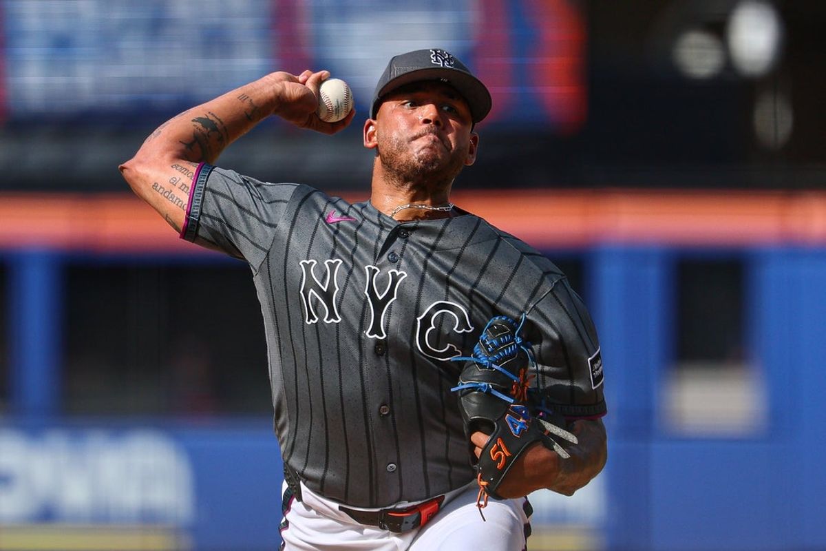Jul 11, 2026; New York City, New York, USA;  New York Mets pitcher Freddy Peralta (51) delivers a pitch during the third inning against the Boston Red Sox at Citi Field. Mandatory Credit: Vincent Carchietta-Imagn Images