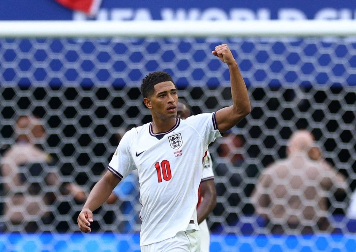 July 11, 2026; Miami Gardens, Florida, U.S.; England's Jude Bellingham celebrates scoring their second goal.  Mandatory Credit: Nathan Ray Seebeck-Imagn Images