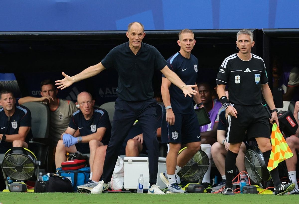 July 11, 2026; Miami Gardens, Florida, U.S.; England manager Thomas Tuchel reacts.  Mandatory Credit: Sam Navarro-Imagn Images