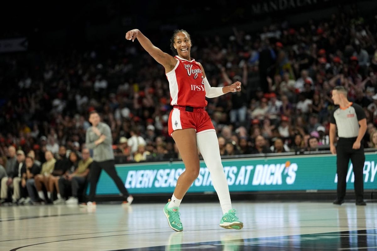 Jul 11, 2026; Las Vegas, Nevada, USA; Las Vegas Aces center A'ja Wilson (22) reacts after scoring against the Phoenix Mercury during the first quarter of a WNBA basketball game at Michelob Ultra Arena. Mandatory Credit: Lucas Peltier-Imagn Images