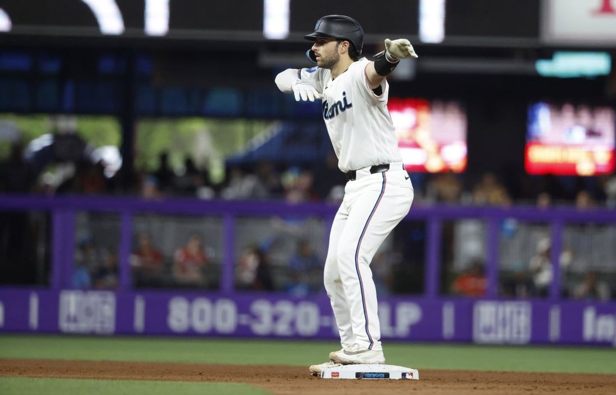 Jul 11, 2026; Miami, Florida, USA;  Miami Marlins catcher Joe Mack (80) reacts to his double against the Cleveland Guardians during the seventh inning at loanDepot Park. Mandatory Credit: Rhona Wise-Imagn Images