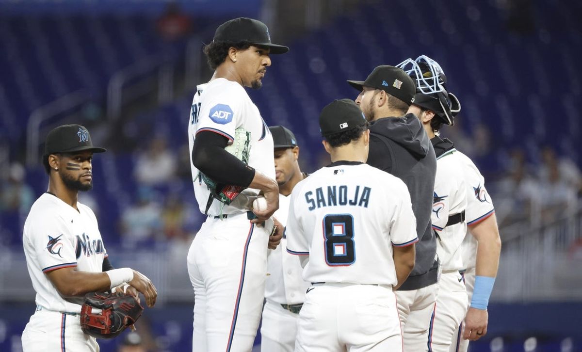 Jul 11, 2026; Miami, Florida, USA;  Miami Marlins starting pitcher Eury Perez (39) has a meeting on the mound after loading the bases against the Cleveland Guardians during the first inning at loanDepot Park. Mandatory Credit: Rhona Wise-Imagn Images