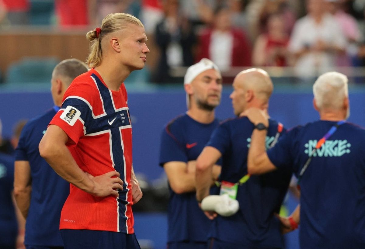 July 11, 2026; Miami Gardens, Florida, U.S.; Norway's Erling Haaland looks dejected after the match as Norway are eliminated from the World Cup.  Mandatory Credit: Sam Navarro-Imagn Images