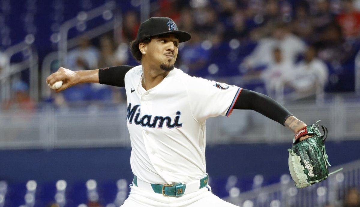 Jul 11, 2026; Miami, Florida, USA;  Miami Marlins starting pitcher Eury Perez (39) throws against Cleveland Guardians during the first inning at loanDepot Park. Mandatory Credit: Rhona Wise-Imagn Images
