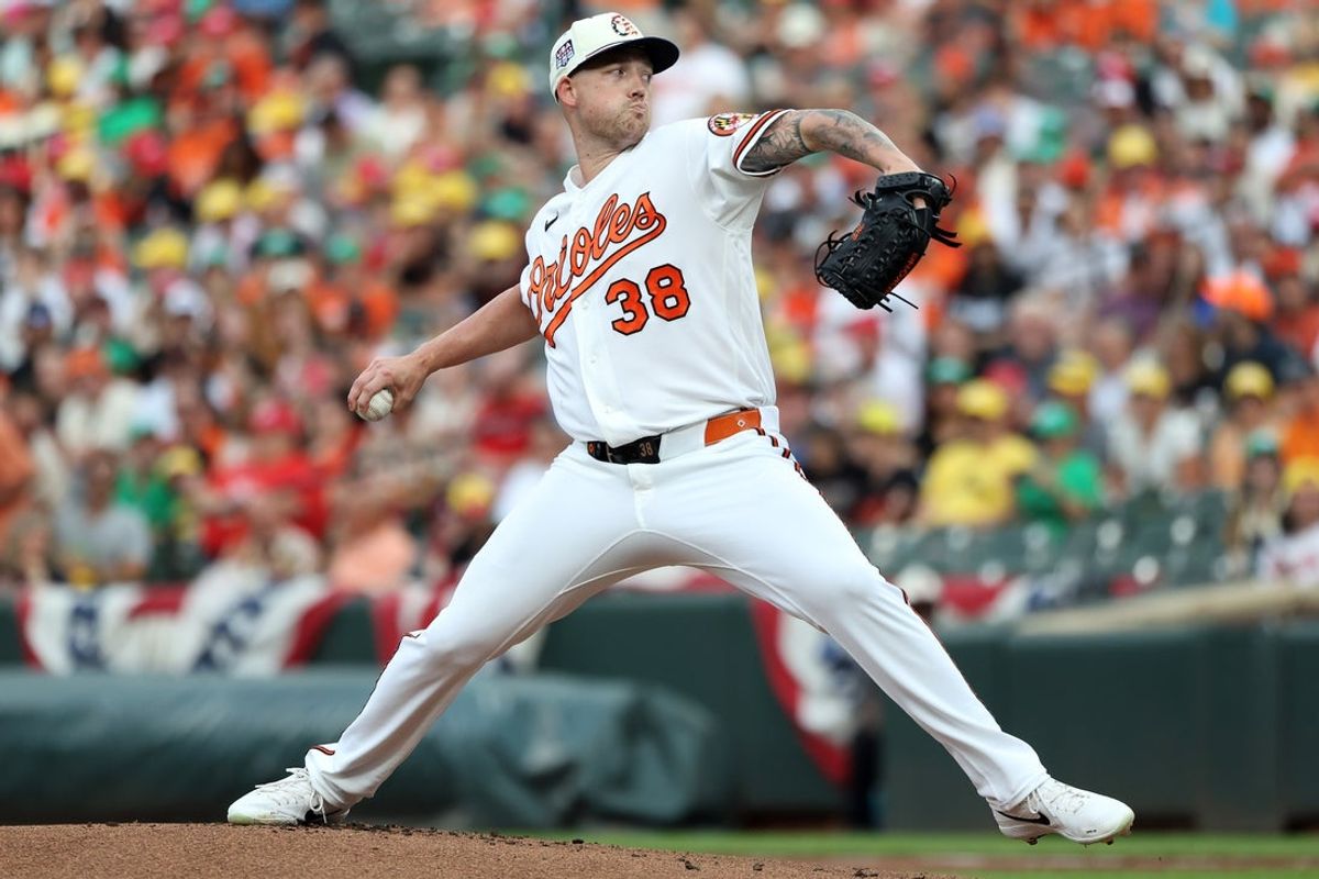 Jul 11, 2026; Baltimore, Maryland, USA; Baltimore Orioles pitcher Kyle Bradish (38) throws during the first inning against the Kansas City Royals at Oriole Park at Camden Yards. Mandatory Credit: Daniel Kucin Jr.-Imagn Images