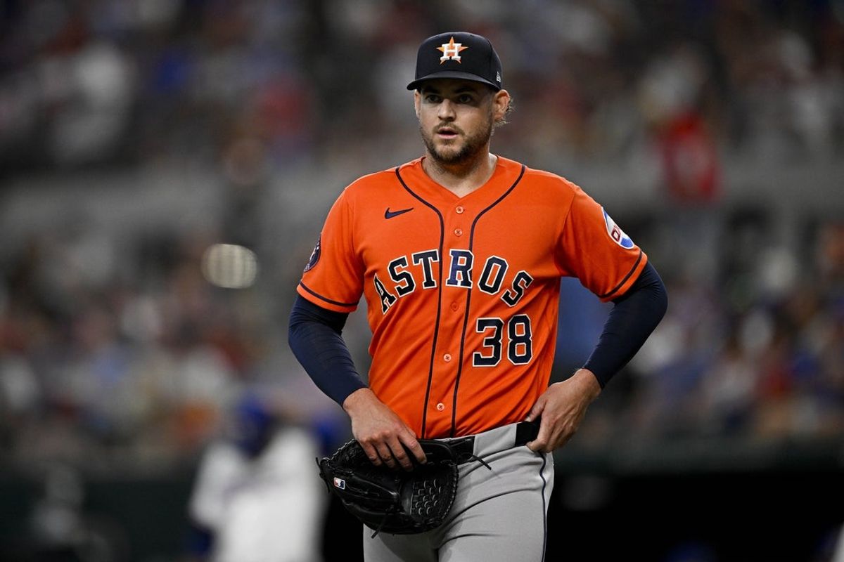 Jul 11, 2026; Arlington, Texas, USA; Houston Astros starting pitcher Peter Lambert (38) comes off the field after he pitches against the Texas Rangers during the third inning at Globe Life Field. Mandatory Credit: Jerome Miron-Imagn Images