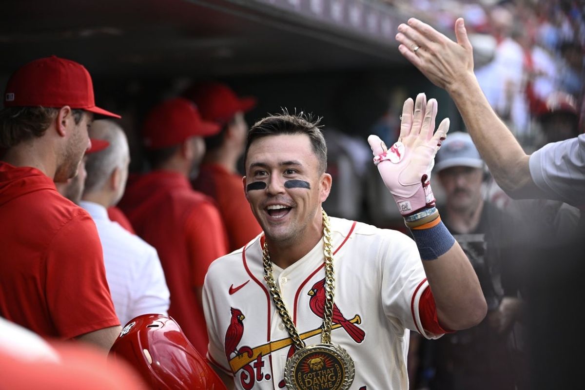 Jul 11, 2026; St. Louis, Missouri, USA; St. Louis Cardinals left fielder Lars Nootbaar (21) celebrates after hitting a three-run home run against the Atlanta Braves in the first inning at Busch Stadium. Mandatory Credit: Joe Puetz-Imagn Images
