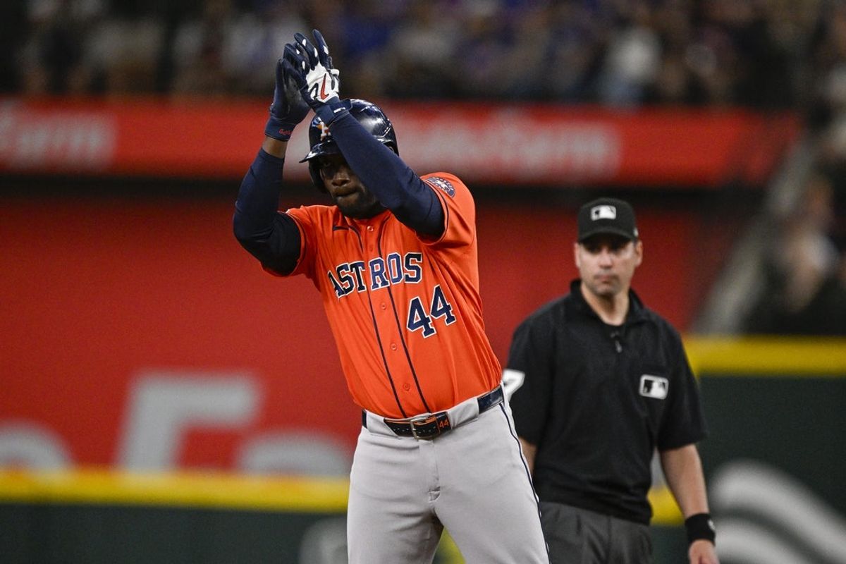 Jul 11, 2026; Arlington, Texas, USA; Houston Astros left fielder Yordan Alvarez (44) celebrates hitting a double against the Texas Rangers during the third inning at Globe Life Field. Mandatory Credit: Jerome Miron-Imagn Images