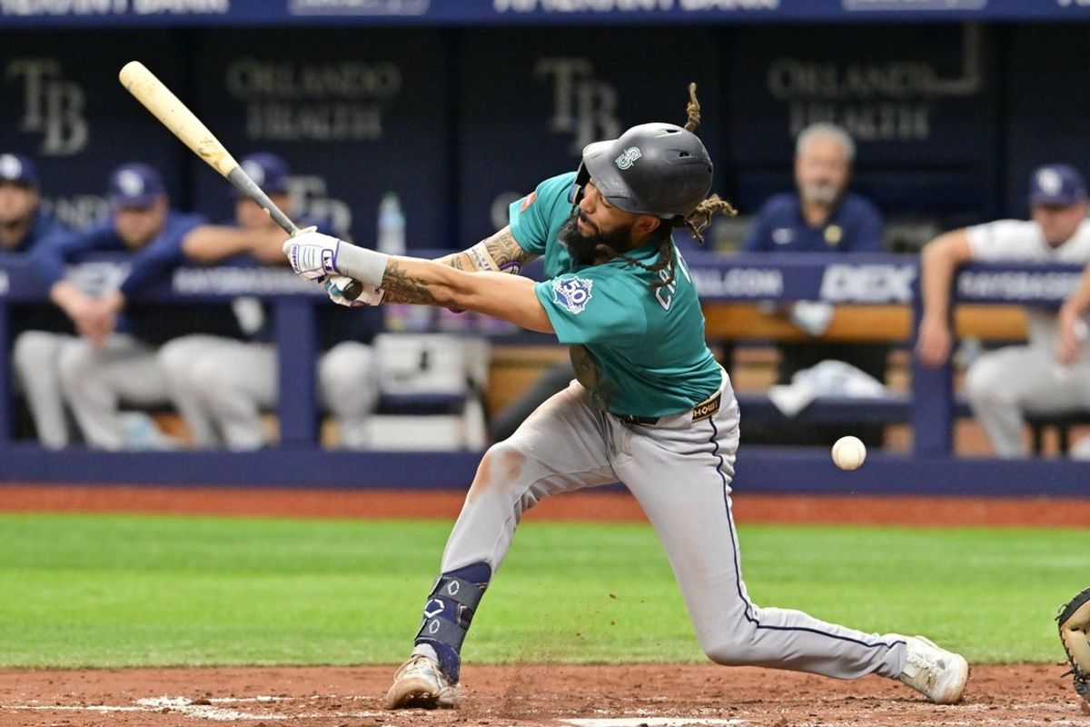 Jul 11, 2026; St. Petersburg, Florida, USA; Seattle Mariners third baseman J.P. Crawford (3) swings at a pitch during the fifth inning against Tampa Bay Rays at Tropicana Field. Mandatory Credit: Pablo Robles-Imagn Images