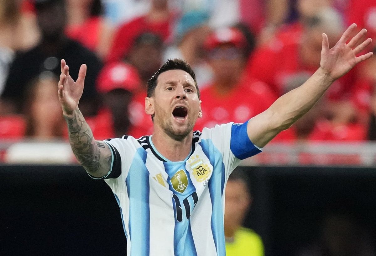 July 11, 2026; Kansas City, Missouri, U.S.; Argentina's Lionel Messi reacts.  Mandatory Credit: Denny Medley-Imagn Images
