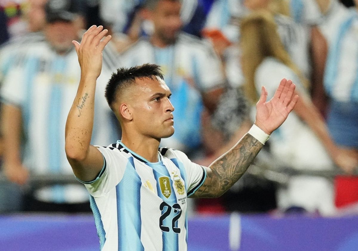 July 11, 2026; Kansas City, Missouri, U.S.; Argentina's Lautaro Martinez celebrates scoring their third goal.  Mandatory Credit: Denny Medley-Imagn Images